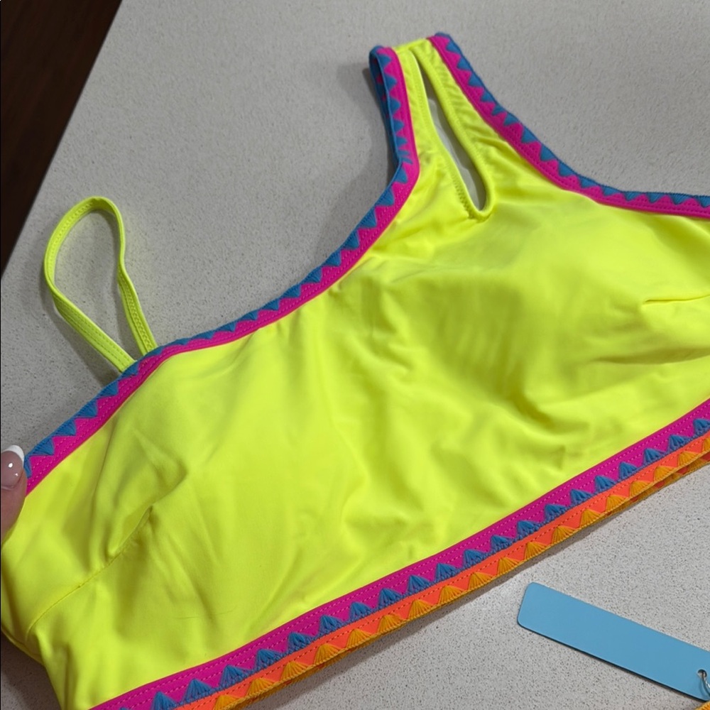 NWT Popvil Bright Yellow Bikini with Multicolor Trim with embroidery - Picture 5 of 8